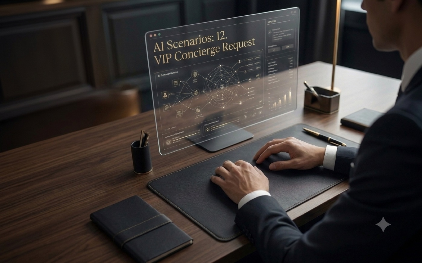 An executive reviewing AI-driven hospitality service scenarios on a translucent dashboard