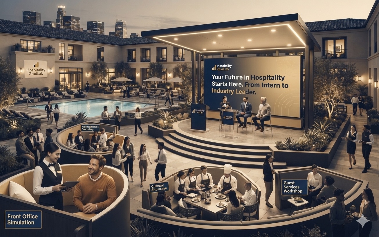 Hospitality GradLab campus — students at Front Office Simulation, Guest Services and Culinary Showcase stations